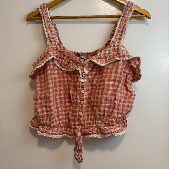Crop Ruffle Blouse - Peach and White Gingham - Picture 1 of 10